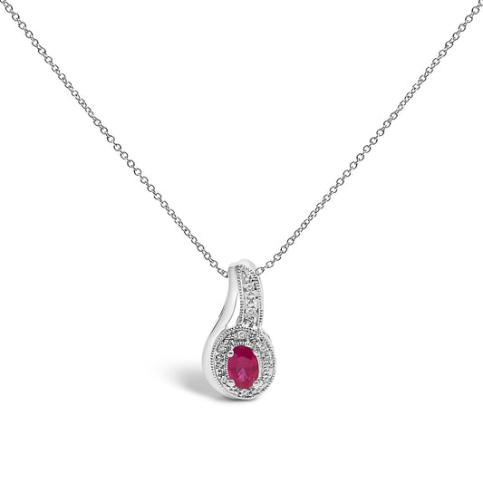 .925 Sterling Silver Red Ruby and Diamond Accent Milgrain Swirl Pendant Necklace - 18" Inches Bids.com