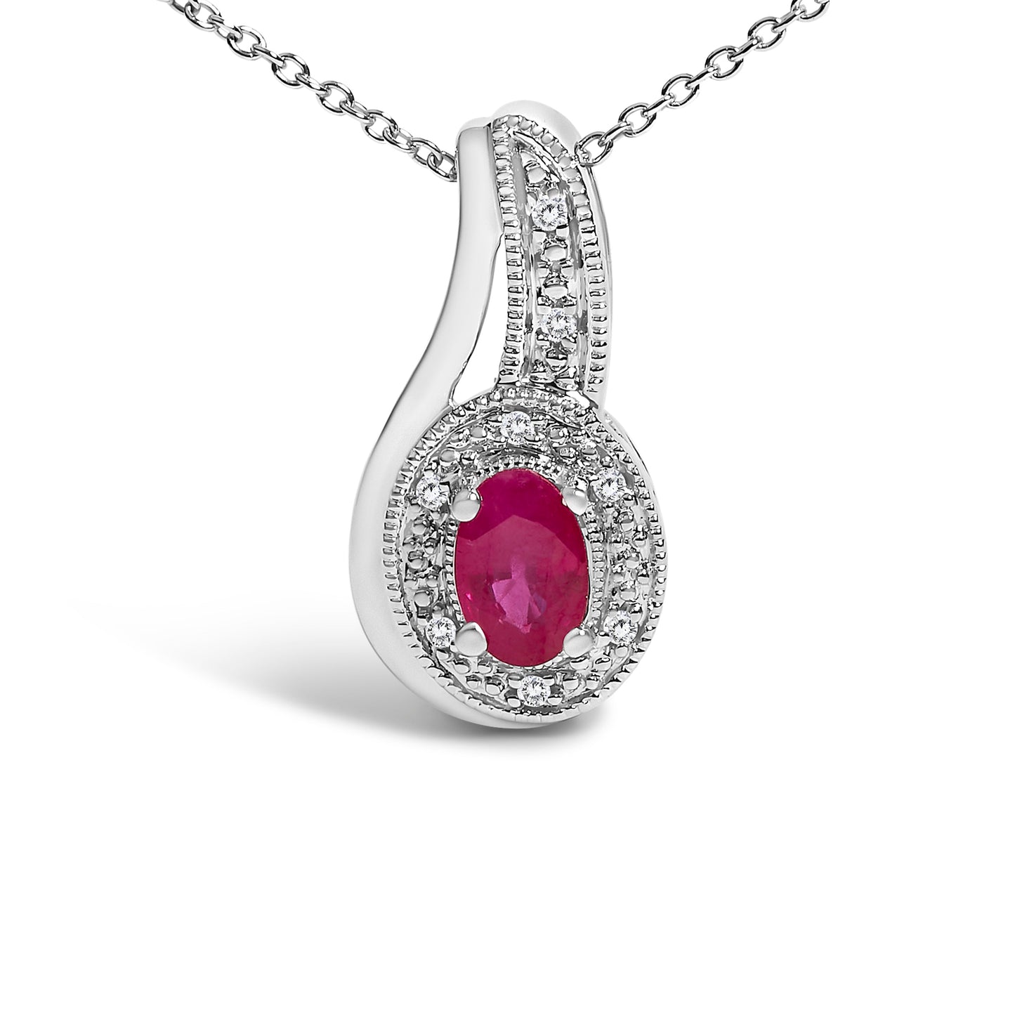 .925 Sterling Silver Red Ruby and Diamond Accent Milgrain Swirl Pendant Necklace - 18" Inches Bids.com