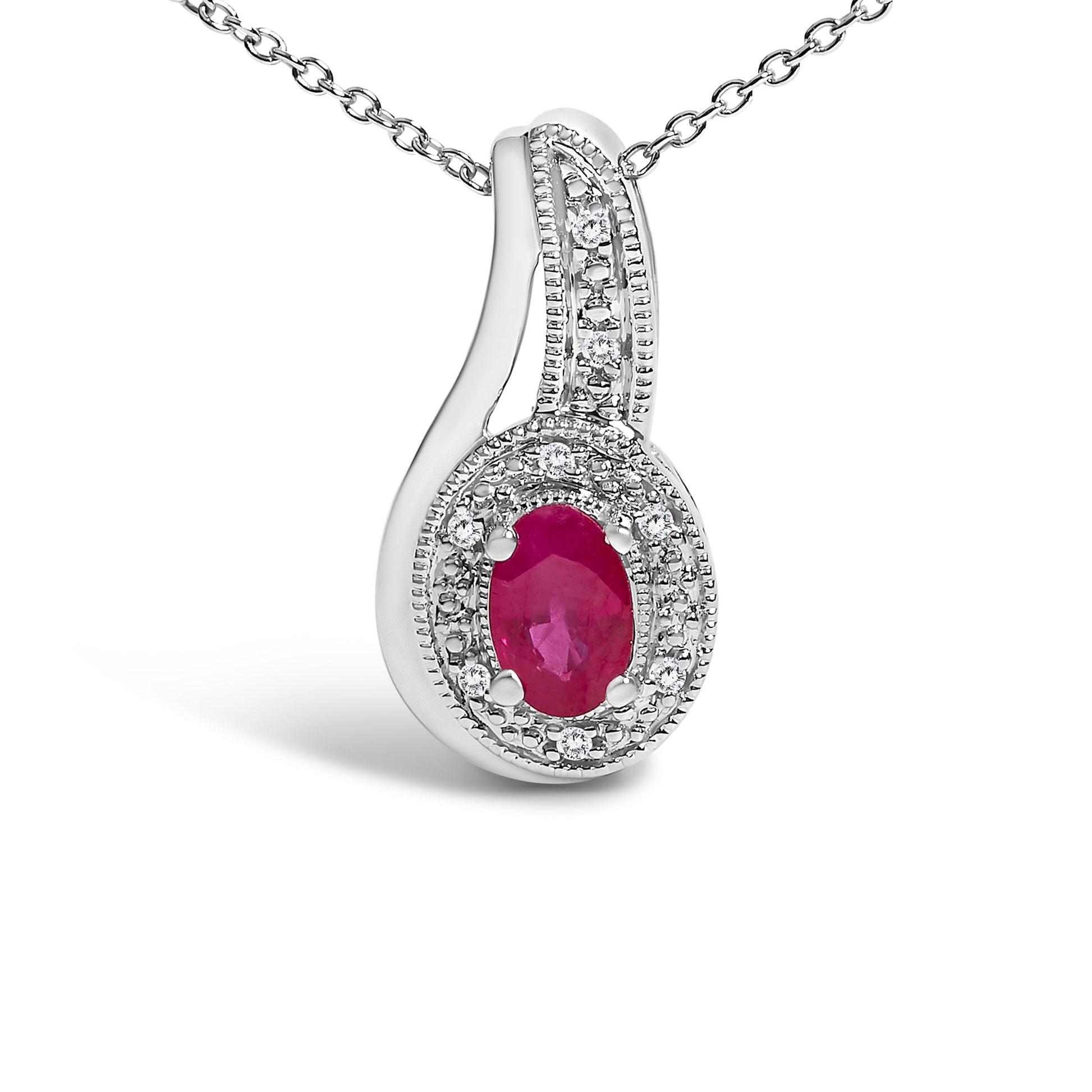 .925 Sterling Silver Red Ruby and Diamond Accent Milgrain Swirl Pendant Necklace - 18" Inches Bids.com