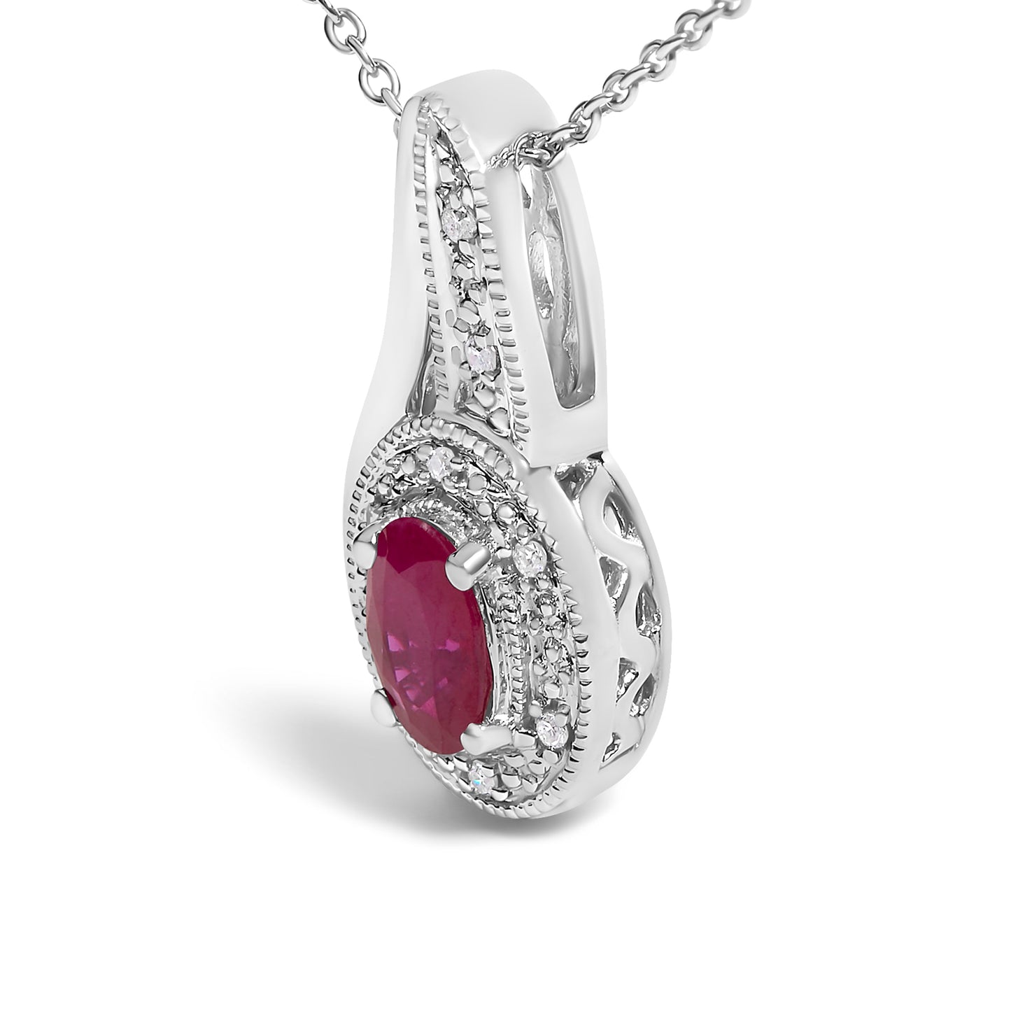 .925 Sterling Silver Red Ruby and Diamond Accent Milgrain Swirl Pendant Necklace - 18" Inches Bids.com