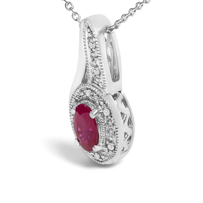 .925 Sterling Silver Red Ruby and Diamond Accent Milgrain Swirl Pendant Necklace - 18" Inches Bids.com