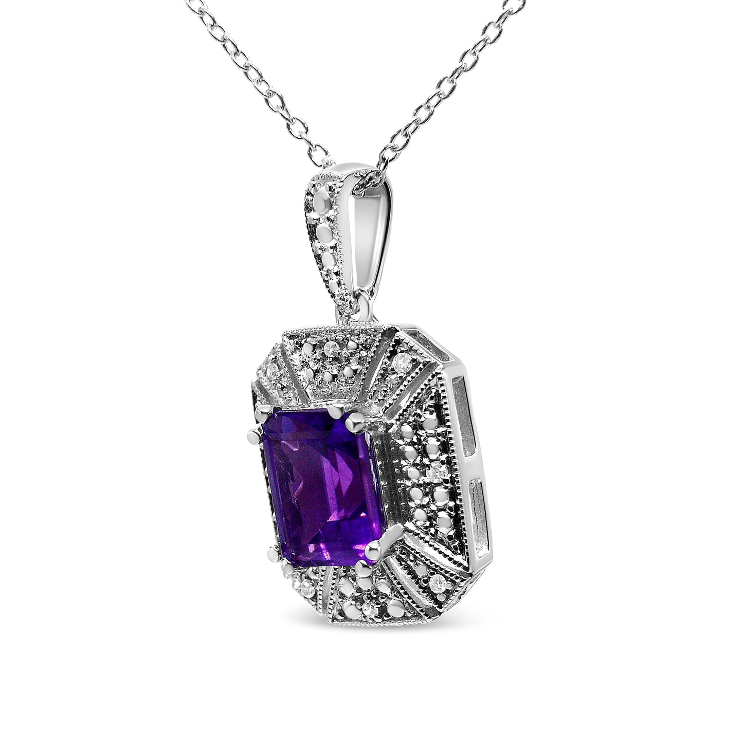 .925 Sterling Silver Purple Amethyst and Diamond Accent Art Deco Style 18" Pendant Necklace (I-J Color, I1-I2 Clarity) Bids.com