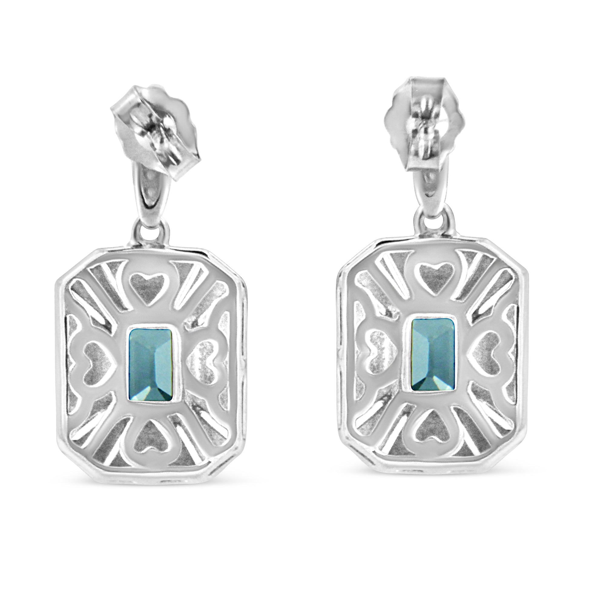 .925 Sterling Silver 7x5MM Emerald Shape Blue Topaz and Diamond Accent Art Deco Halo Style Drop and Dangle Earrings (I-J Color, I1-I2 Clarity) Bids.com