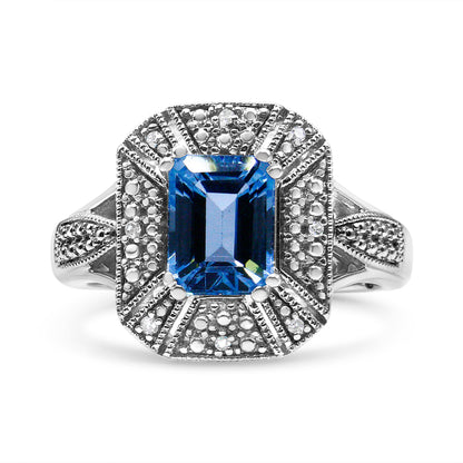 .925 Sterling Silver Diamond Accent and 8X6 mm Emerald-Shape Blue Topaz Ring (I-J Color, I2-I3 Clarity) - Ring Size 7 Bids.com