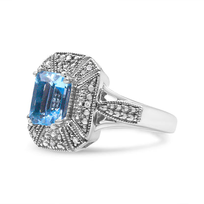 .925 Sterling Silver Diamond Accent and 8X6 mm Emerald-Shape Blue Topaz Ring (I-J Color, I2-I3 Clarity) - Ring Size 7 Bids.com