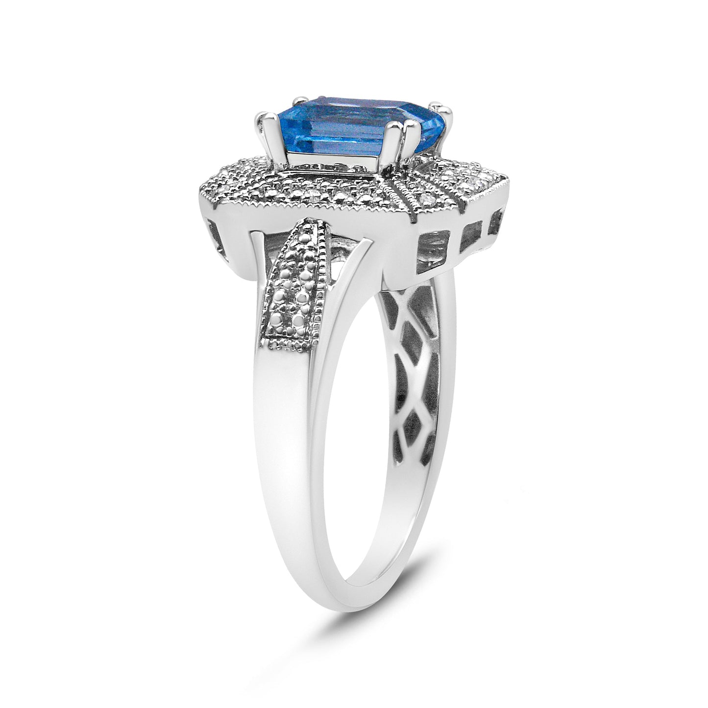 .925 Sterling Silver Diamond Accent and 8X6 mm Emerald-Shape Blue Topaz Ring (I-J Color, I2-I3 Clarity) - Ring Size 7 Bids.com