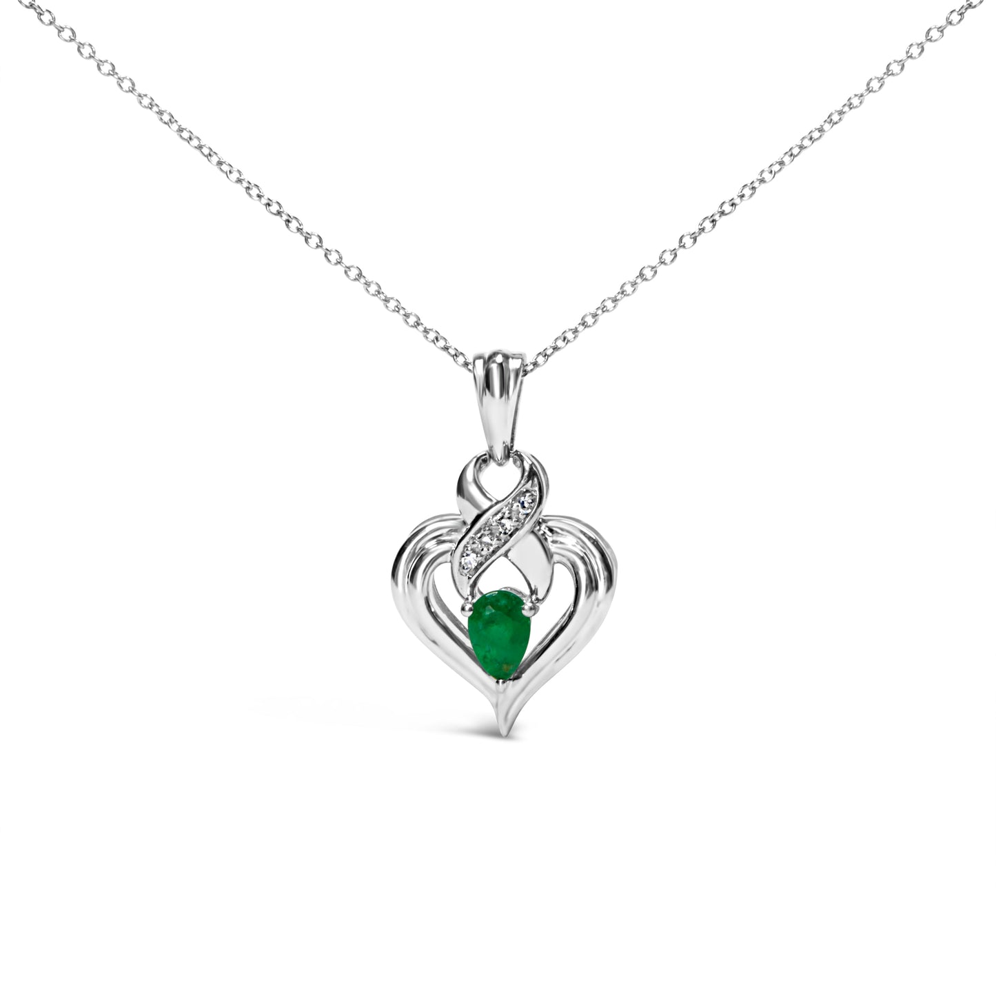 .925 Sterling Silver 6x4mm Pear Emerald and Diamond Accent Heart Pendant Necklace (H-I Color, SI1-SI2 Clarity) - 18 Inches Bids.com