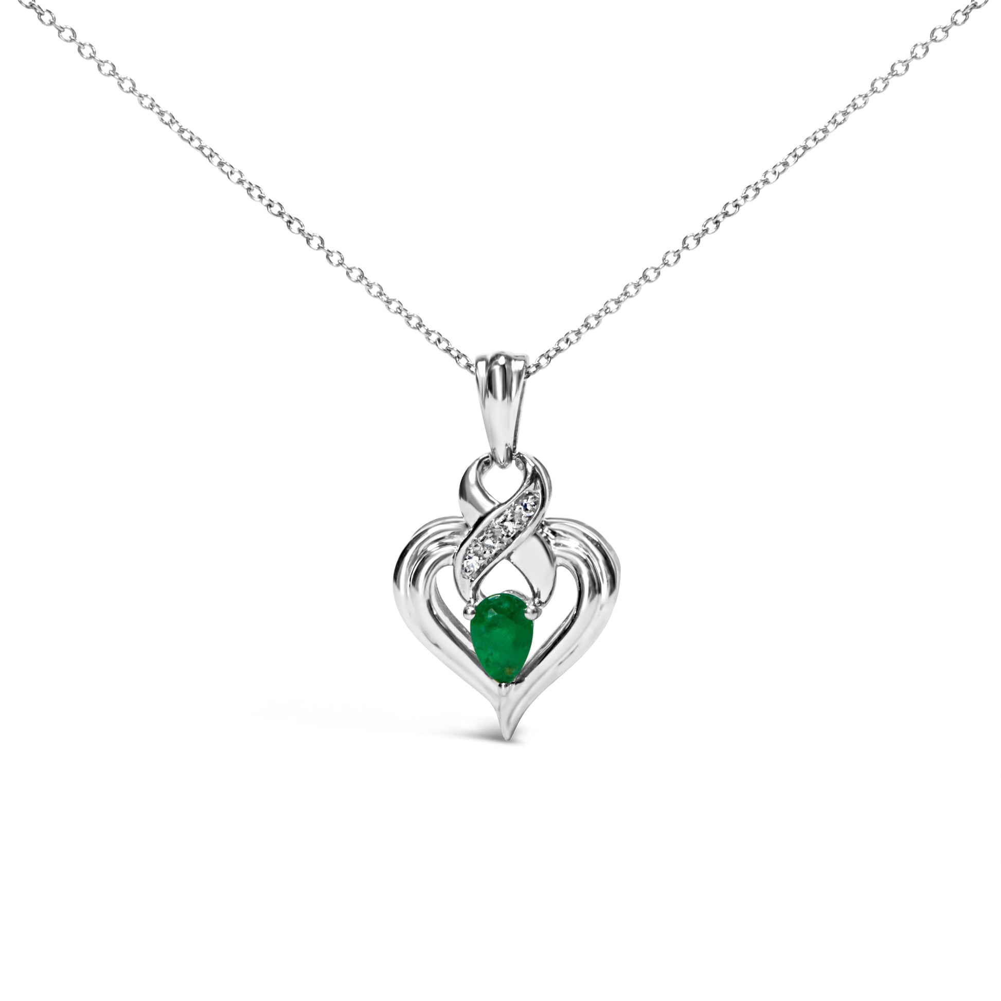 .925 Sterling Silver 6x4mm Pear Emerald and Diamond Accent Heart Pendant Necklace (H-I Color, SI1-SI2 Clarity) - 18 Inches Bids.com
