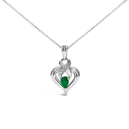 .925 Sterling Silver 6x4mm Pear Emerald and Diamond Accent Heart Pendant Necklace (H-I Color, SI1-SI2 Clarity) - 18 Inches Bids.com