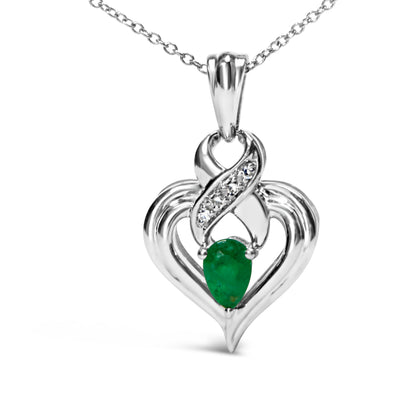 .925 Sterling Silver 6x4mm Pear Emerald and Diamond Accent Heart Pendant Necklace (H-I Color, SI1-SI2 Clarity) - 18 Inches Bids.com