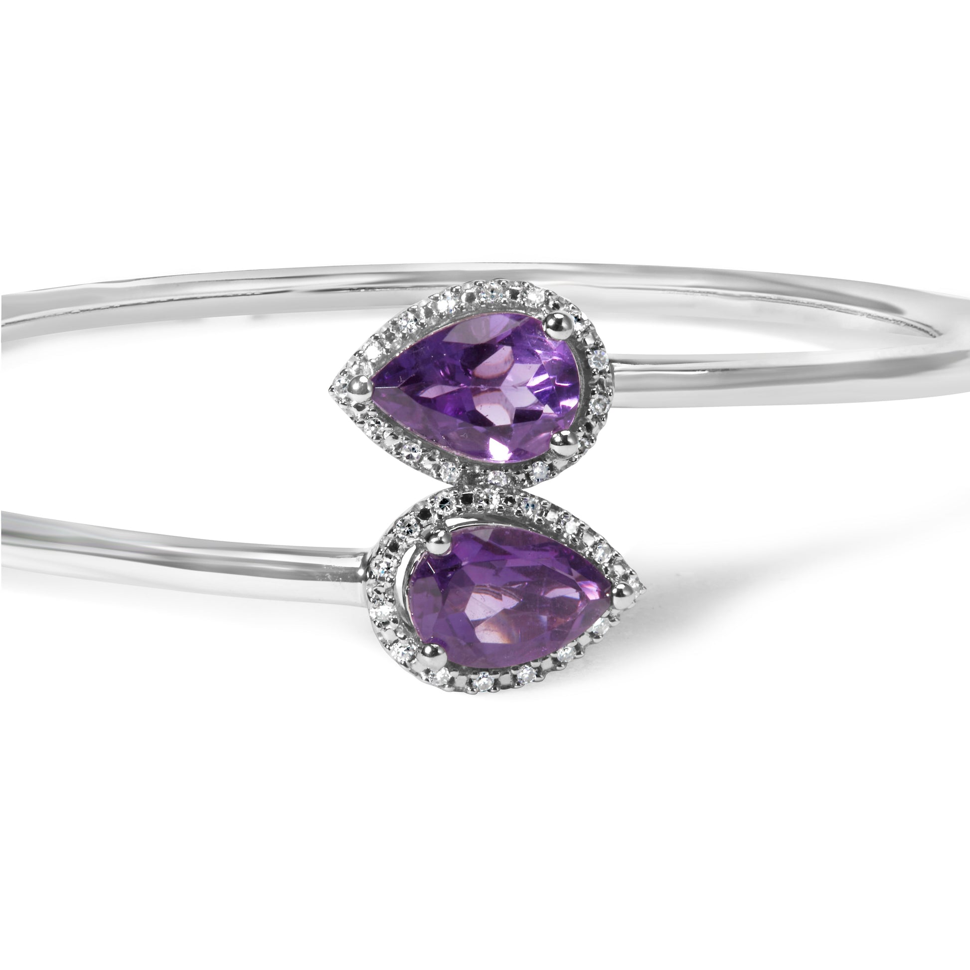 .925 Sterling Silver 8 x 5.5mm Pear Shape Amethyst  and Diamond Accent Halo Bypass Bangle Bracelet (H-I Color, SI1-SI2 Clarity)  - Fits up to 7" Inches Bids.com