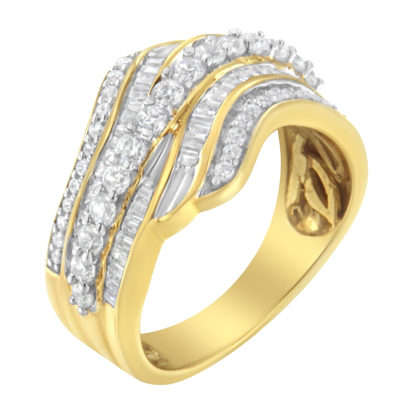 10K Yellow Gold 1.0 Cttw Baguette and Round Diamond Multi-Row Wave Bypass Ring (I-J Color, I1-I2 Clarity) - Ring Size 7 Bids.com