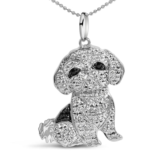 .925 Sterling Silver 1/2 Cttw White and Black Diamond Shih Tzu Dog 18" Pendant Necklace (I-J Color, I2-I3 Clarity) Bids.com