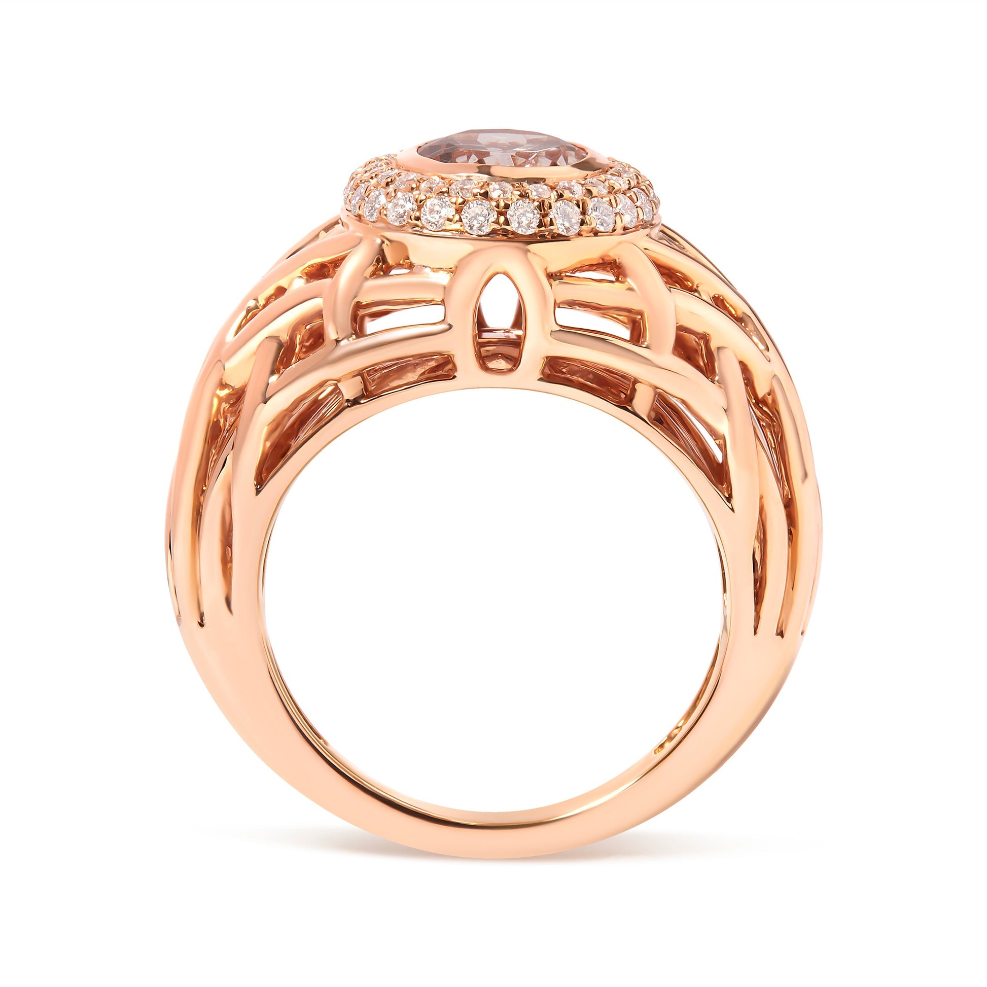 14K Rose Gold Oval Cut Light Pink Morganite and 3/8 Cttw Diamonds Halo and Basket Weave Cocktail Ring (G-H Color, SI1-SI2 Clarity) - Size 7 Bids.com