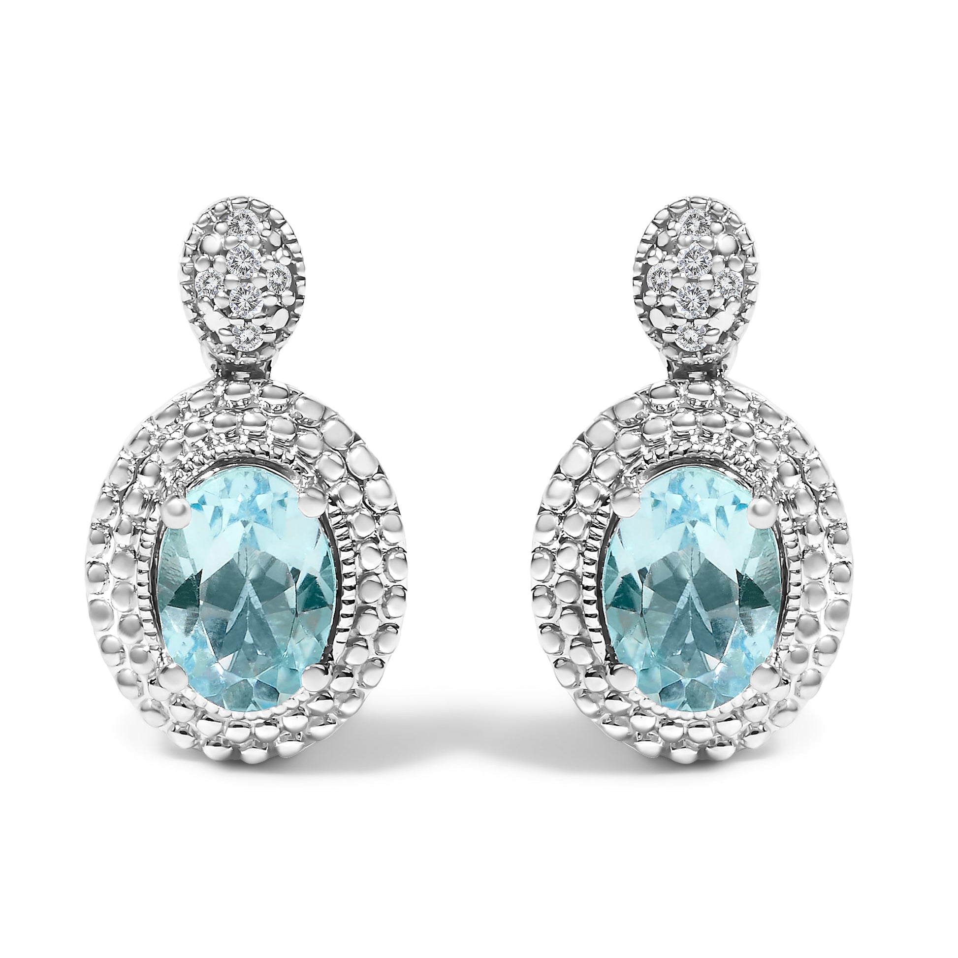 .925 Sterling Silver Diamond Accent and  Oval Blue Topaz with Beaded Halo Drop Stud Earrings (I-J color, I1-I2 Clarity) Bids.com