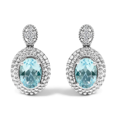 .925 Sterling Silver Diamond Accent and  Oval Blue Topaz with Beaded Halo Drop Stud Earrings (I-J color, I1-I2 Clarity) Bids.com