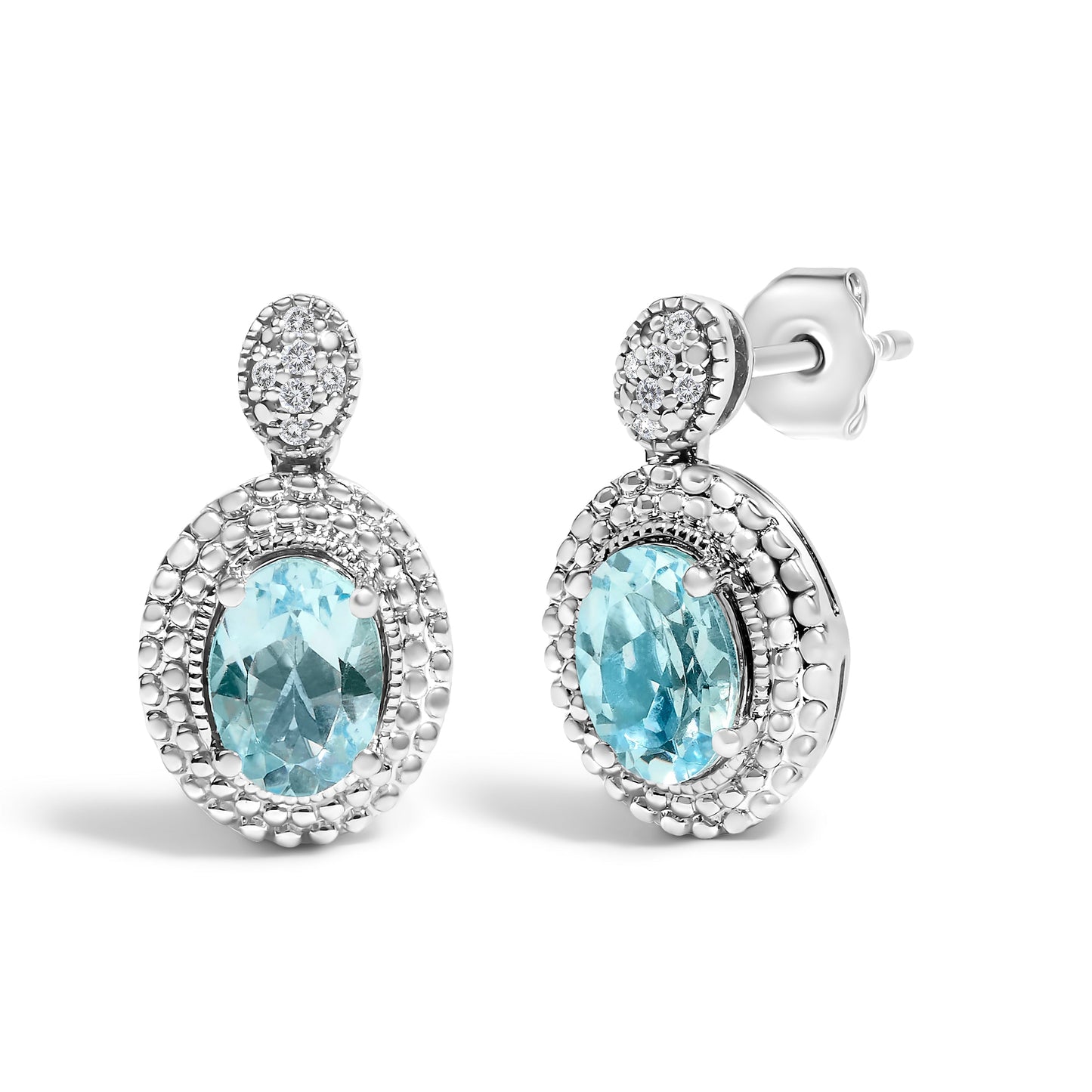 .925 Sterling Silver Diamond Accent and  Oval Blue Topaz with Beaded Halo Drop Stud Earrings (I-J color, I1-I2 Clarity) Bids.com