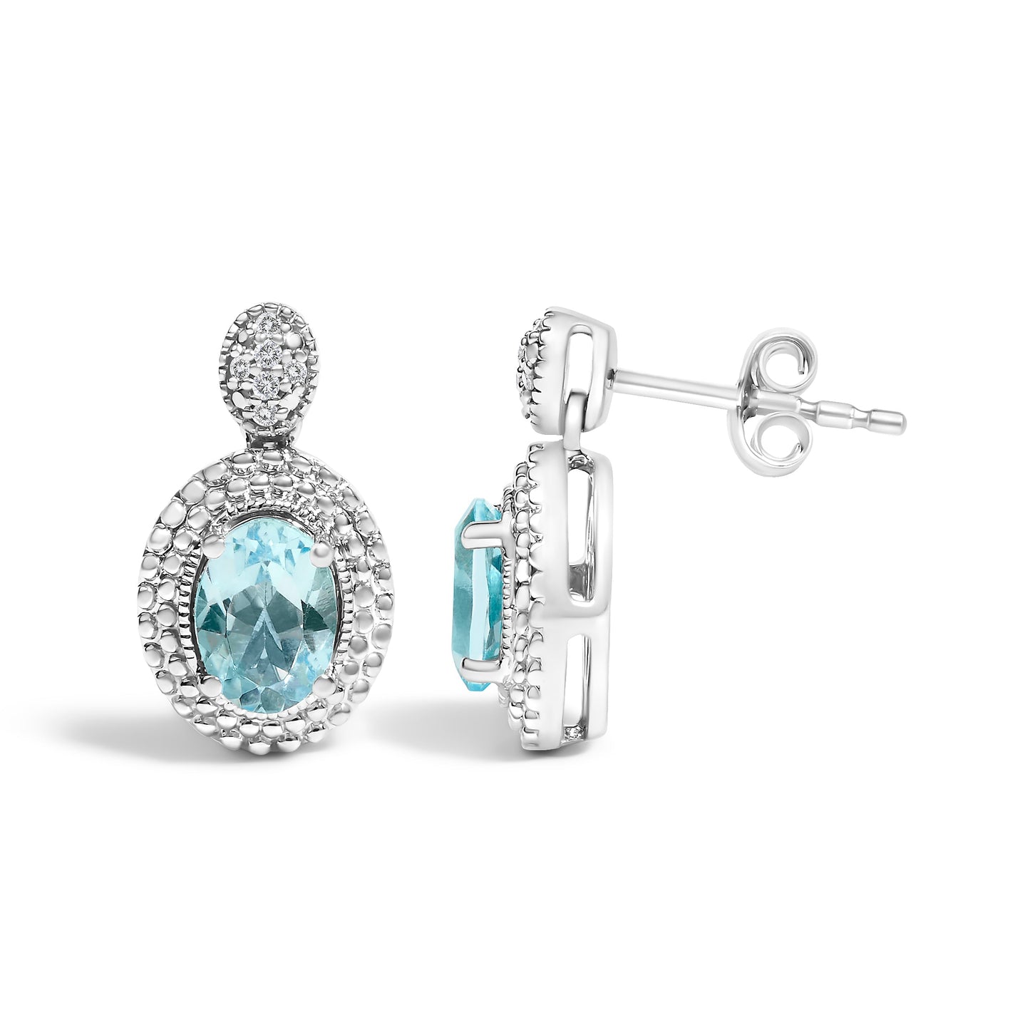 .925 Sterling Silver Diamond Accent and  Oval Blue Topaz with Beaded Halo Drop Stud Earrings (I-J color, I1-I2 Clarity) Bids.com