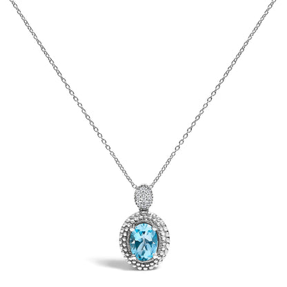 .925 Sterling Silver Oval Blue Topaz and Diamond Accent with Beaded Halo Pendant Necklace - 18" Inches Bids.com