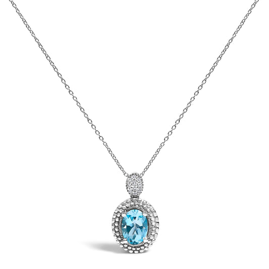 .925 Sterling Silver Oval Blue Topaz and Diamond Accent with Beaded Halo Pendant Necklace - 18" Inches Bids.com