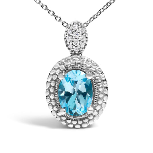 .925 Sterling Silver Oval Blue Topaz and Diamond Accent with Beaded Halo Pendant Necklace - 18" Inches Bids.com