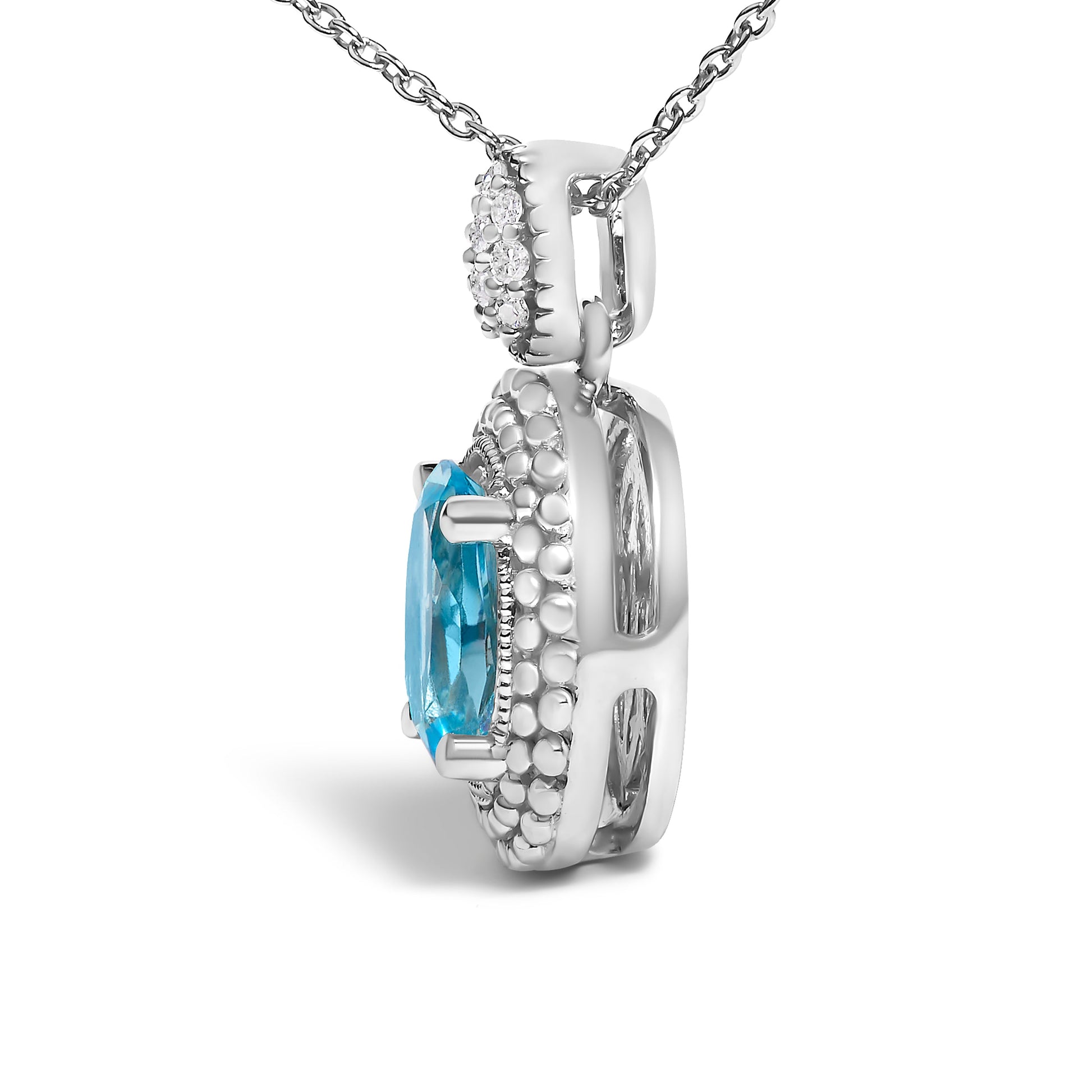 .925 Sterling Silver Oval Blue Topaz and Diamond Accent with Beaded Halo Pendant Necklace - 18" Inches Bids.com