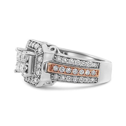 14K White and Rose Gold 1 1/8 Cttw Princess and Round-Cut Diamond Art Deco Style Triple Shank Halo Cocktail Ring (I-J Color, SI2-I1 Clarity) - Size 7 Bids.com