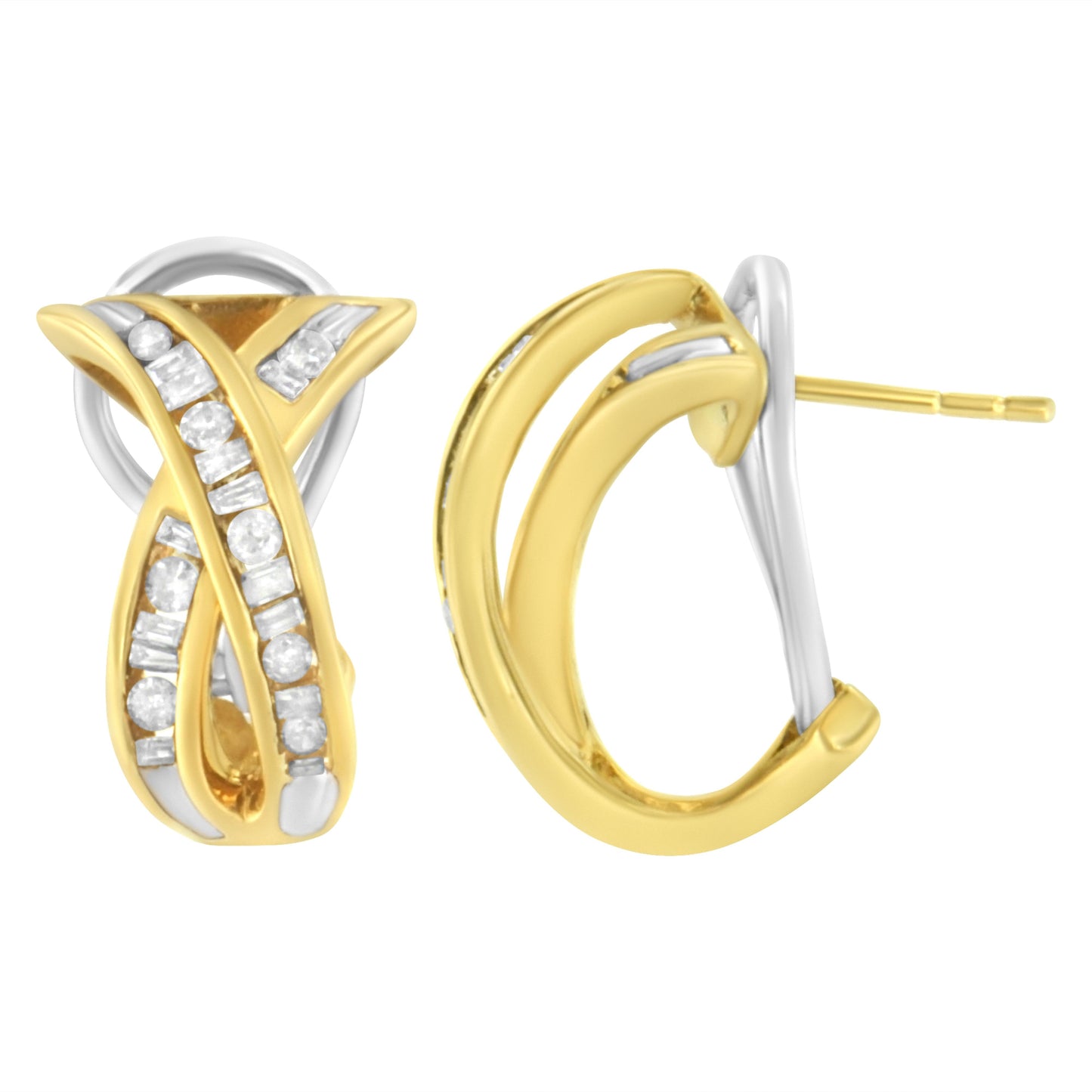 14K Yellow and White Gold 1/2 TDW "X" Shape Cross Over Diamond Hoop Earrings (I-J, I2-I3) Bids.com