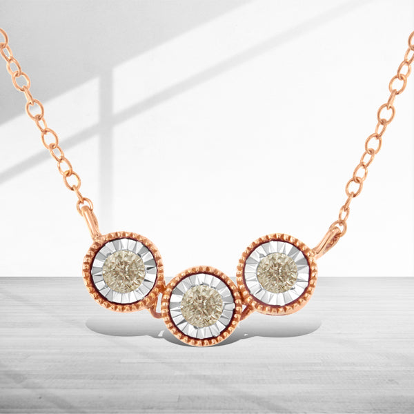 10K Rose and White Gold Plated .925 Sterling Silver 1/4 Cttw Miracle-Set Champagne Diamond Triple Circle 18" Necklace (I2-I3 Clarity) Bids.com