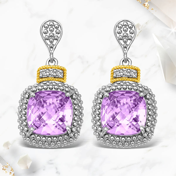 18k Yellow Gold & Sterling Silver Cushion Amethyst & Diamond Earrings (.05cttw) Bids.com