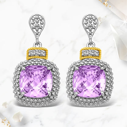 18k Yellow Gold & Sterling Silver Cushion Amethyst & Diamond Earrings (.05cttw) Bids.com