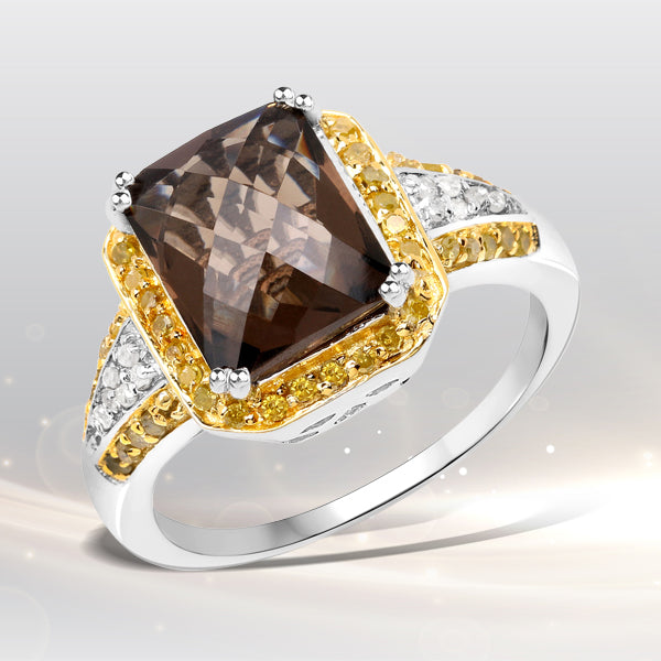 3.48 Carat Genuine Smoky Quartz, Yellow Diamond and White Diamond .925 Sterling Silver Ring Bids.com