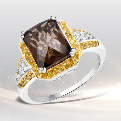3.48 Carat Genuine Smoky Quartz, Yellow Diamond and White Diamond .925 Sterling Silver Ring Bids.com