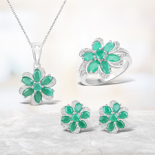 7.84 Carat Genuine Emerald and White Topaz .925 Sterling Silver 3 Piece Jewelry Set (Ring, Earrings, and Pendant w/ Chain) Bids.com