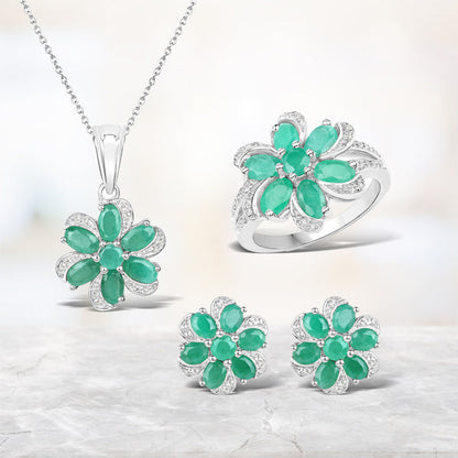 7.84 Carat Genuine Emerald and White Topaz .925 Sterling Silver 3 Piece Jewelry Set (Ring, Earrings, and Pendant w/ Chain) Bids.com
