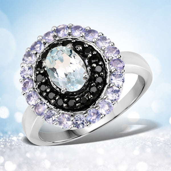 1.77 Carat Genuine Aquamarine, Black Spinel and Tanzanite .925 Sterling Silver Ring Bids.com