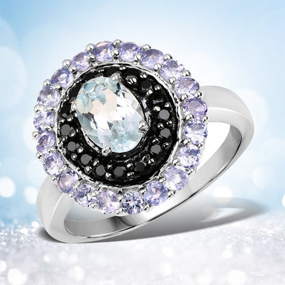 1.77 Carat Genuine Aquamarine, Black Spinel and Tanzanite .925 Sterling Silver Ring Bids.com