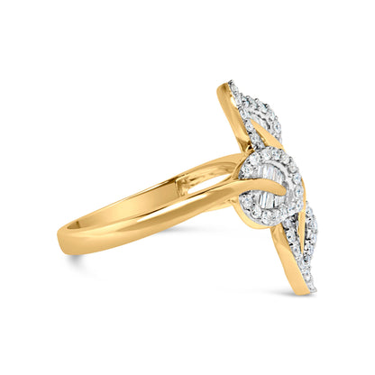 18K Yellow Gold Plated .925 Sterling Silver 1/2 Cttw Baguette and Round Diamond Bypass Triple Leaf Ring (I-J Color, I1-I2 Clarity) - Size 5 Bids.com
