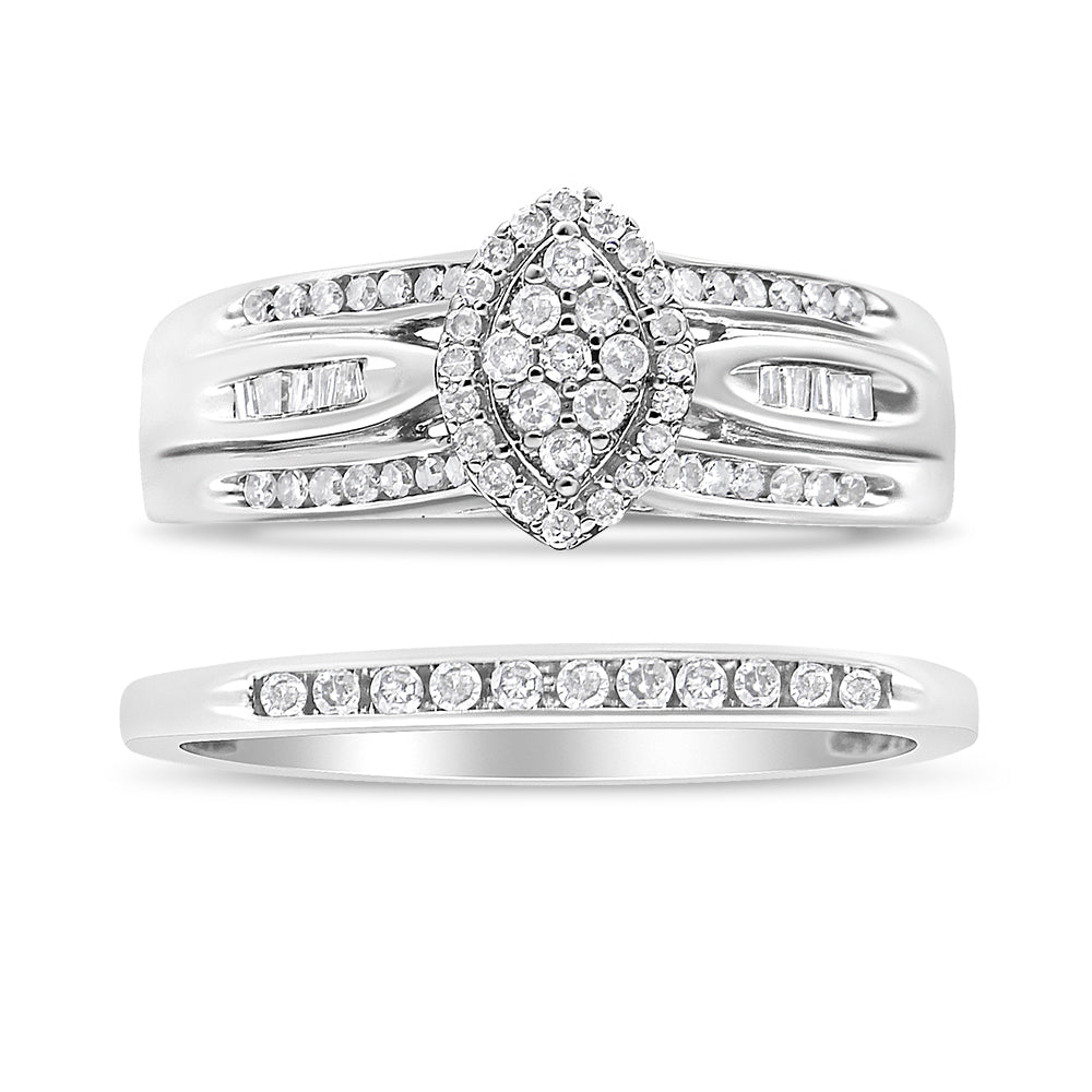 .925 Sterling Silver 1/2 Cttw Round and Baguette-Cut Diamond Engagement Bridal Set (I-J Color, I1-I2 Clarity) - Size 7 Bids.com