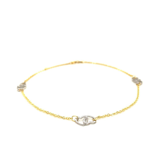 14k Two Tone Gold Entwined Heart Stationed Anklet Bids.com