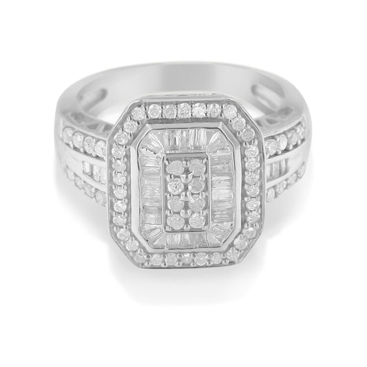 .925 Sterling Silver 1.0 Cttw Round and Baguette Cut Diamond Elongated Octagon Shaped Cocktail Ring (H-I Color, I2-I3 Clarity) - Size 7 Bids.com