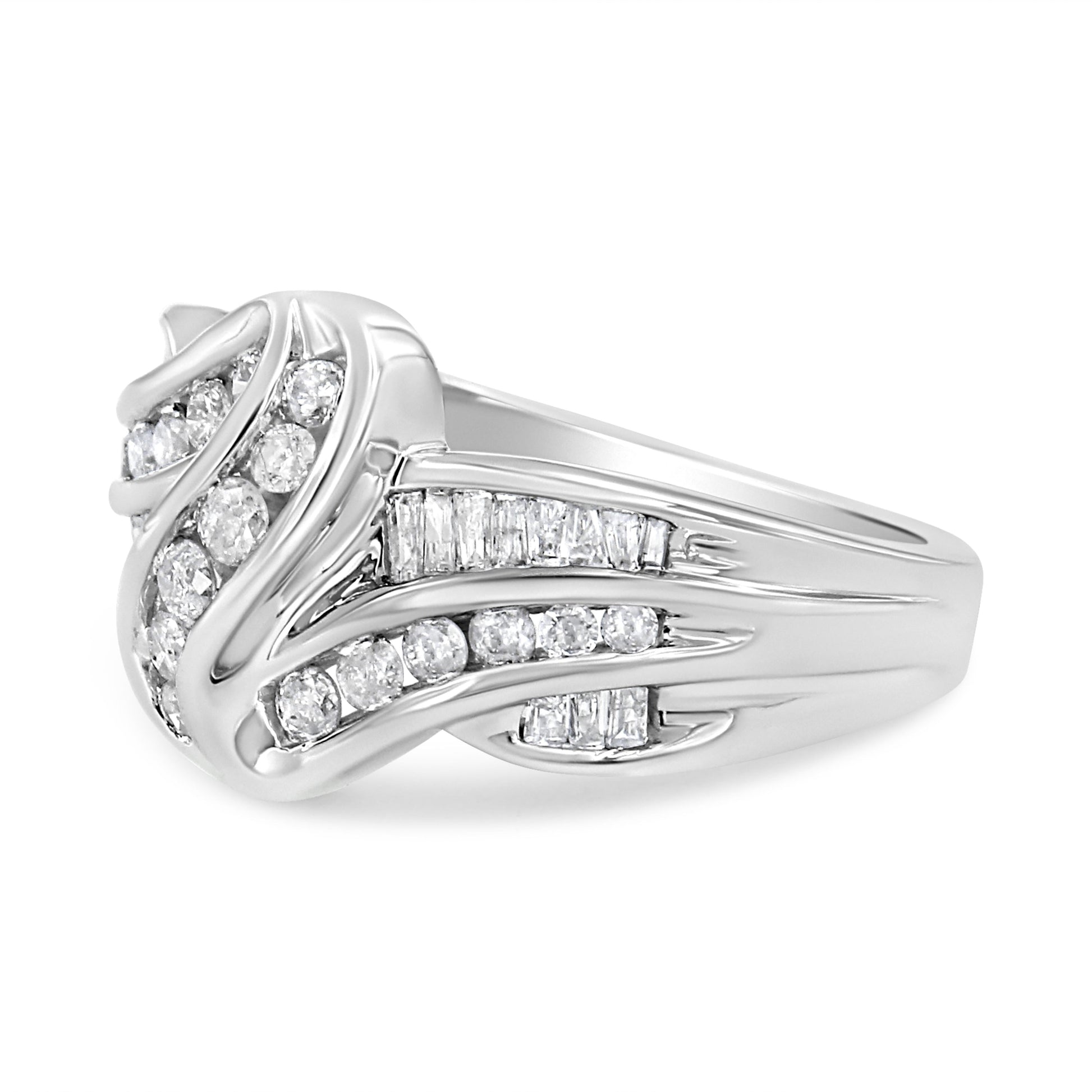 10K White Gold Ring 3/4 Cttw Round and Baguette-Cut Diamond Bypass Ring (H-I Color, I2-I3 Clarity) - Size 6 Bids.com