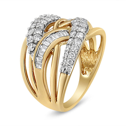 10K Yellow and White Gold 1.0 Cttw Round and Baguette-Cut Diamond Multirow Interwoven Cocktail Ring (I-J Color, I2-I3 Quality) - Size 7 Bids.com