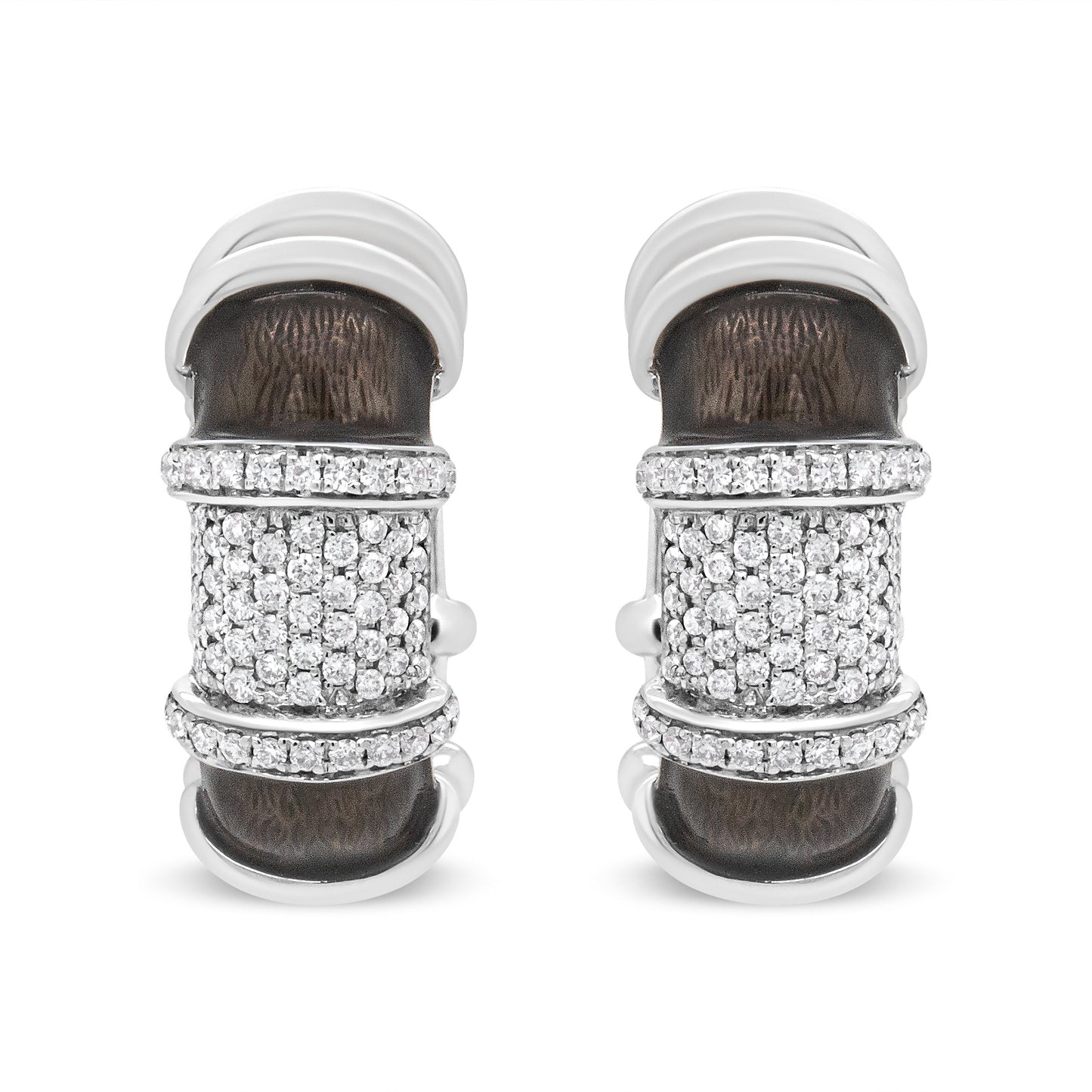 18K White Gold Flash Plated .925 Sterling Silver Clear Graphite Grey Enamel 5/8 Cttw Round Diamonds Huggie Hoop Earrings (F-G Color, VS1-VS2 Clarity) Bids.com