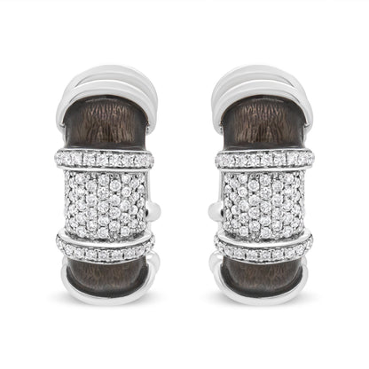 18K White Gold Flash Plated .925 Sterling Silver Clear Graphite Grey Enamel 5/8 Cttw Round Diamonds Huggie Hoop Earrings (F-G Color, VS1-VS2 Clarity) Bids.com