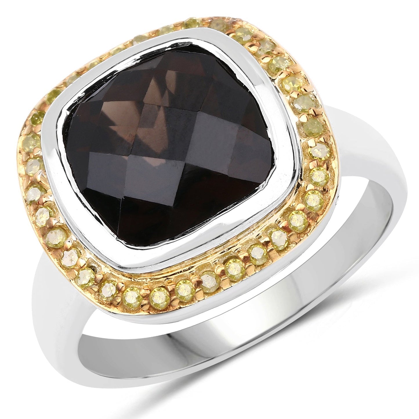 3.67 Carat Genuine Smoky Quartz and Yellow Diamond .925 Sterling Silver Ring Bids.com
