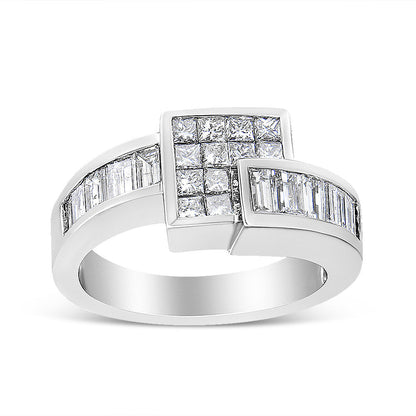 14K White Gold 1 1/2 Cttw Invisible-Set Princess and Channel-Set Baguette Diamond Geometric Bypass Ring Band (G-H Color, SI2-I1 Clarity) - Ring Size 7 Bids.com