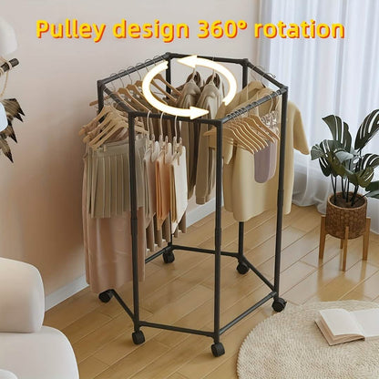 360° Rotating Freestanding Clothing Rack – Hexagonal Carbon Steel Organizer with Wheels DailySale