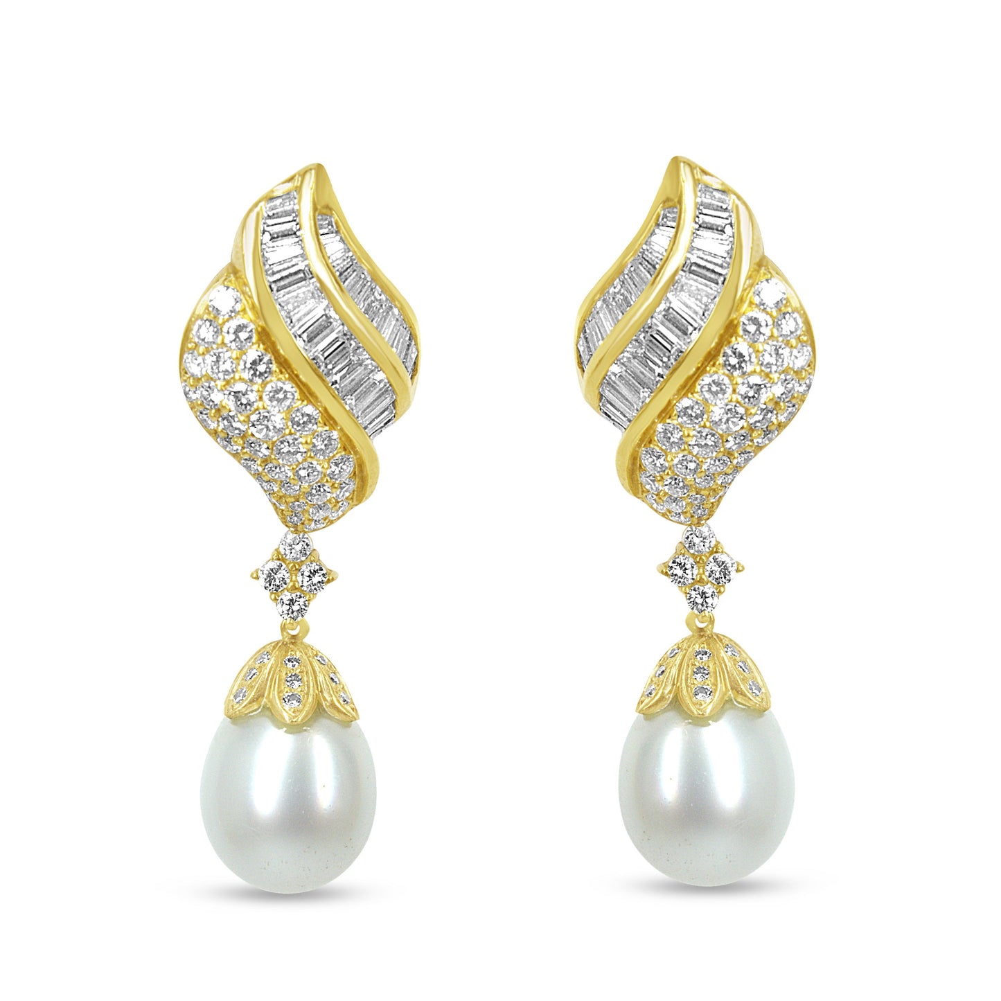 18k Yellow Gold 7.0 Cttw Baguette and Round Diamond South Sea Pearl Drop Dangle Clip-On Earrings (F-G Color, VS1-VS2 Clarity) Bids.com