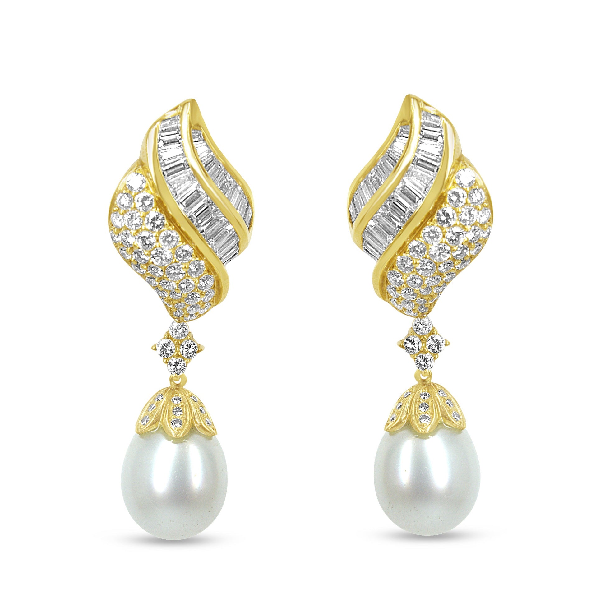 18k Yellow Gold 7.0 Cttw Baguette and Round Diamond South Sea Pearl Drop Dangle Clip-On Earrings (F-G Color, VS1-VS2 Clarity) Bids.com